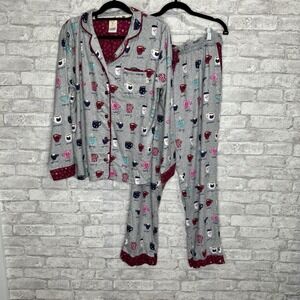 Munki Munki‎  Coffee Themed Flannel Pajama Set Size Medium Loungewear Bamboo